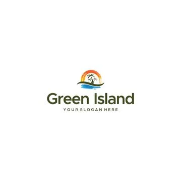 Modern Island sunset beach waves tree logo design Stock Illustration