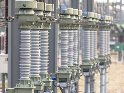 Modern isolators on power substation Stock Photos