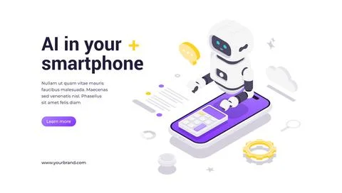 Modern isometric banner template for AI smartphone integration and mobile ass Illustrazione stock
