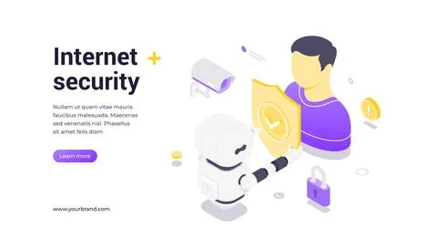 Modern isometric banner template for internet security and AI-powered cyber p Stock Illustration