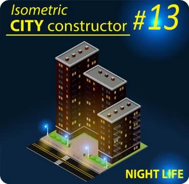 Modern isometric building in night light Stock Illustration