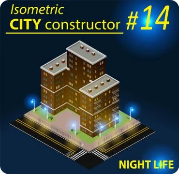 Modern isometric building in night light Stock Illustration