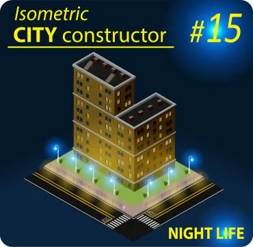 Modern isometric building in night light Stock Illustration