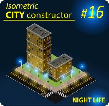 Modern isometric building in night light Stock Illustration