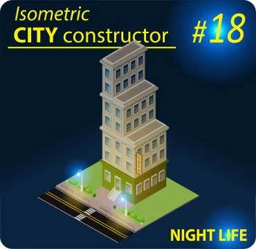 Modern isometric building in night light Stock Illustration