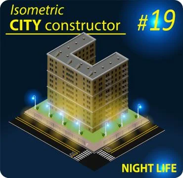 Modern isometric building in night light Stock Illustration