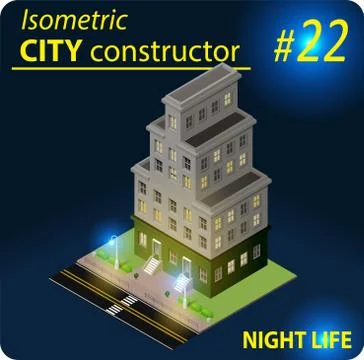 Modern isometric building in night light Stock Illustration