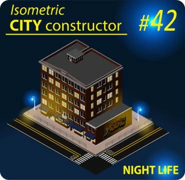 Modern isometric building in night light Stock Illustration