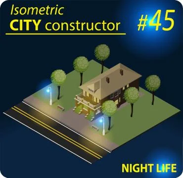 Modern isometric building in night light Stock Illustration