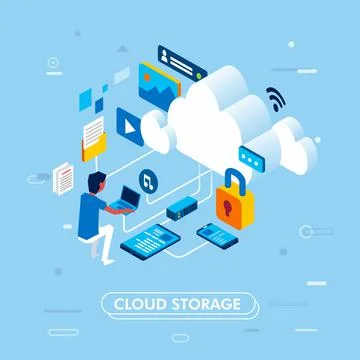 Modern isometric design of cloud storage concept, with man working on laptop Stock Illustration