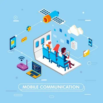 Modern isometric design of mobile communication with internet networking, peo Stock Illustration