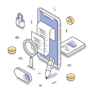 Modern isometric design showcasing digital document management and security.. Illustrazione stock