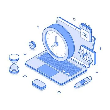 Modern isometric design of time management with a clock, laptop, calendar, an Stock Illustration