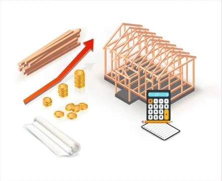 Modern isometric house construction with stacks of gold coins in investment Stock Illustration