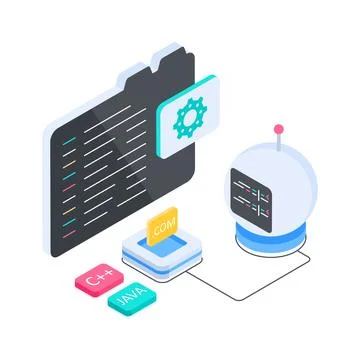 Modern isometric illustration of computer terminal communicating with ai Stock Illustration