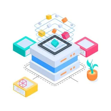 Modern isometric illustration of mobile app development showing construction Stock Illustration