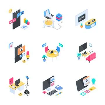 A modern isometric illustration pack showcasing virtual customer support and Stock Illustration