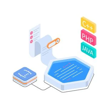 Modern isometric illustration of software development and digital code Illustrazione stock