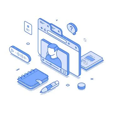 A modern isometric line vector illustration displays an online coaching sessi Stock Illustration