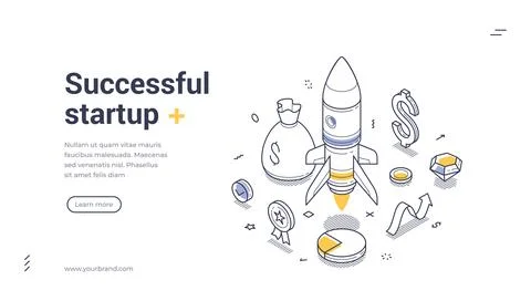 Modern isometric successful startup concept web banner. Rocket taking off sur Stock Illustration