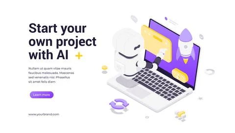 Modern isometric vector banner template. AI assistant manages web project in  Stock Illustration