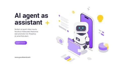 Modern isometric vector featuring robot assistant emerging from smartphone wi Stock-Illustration