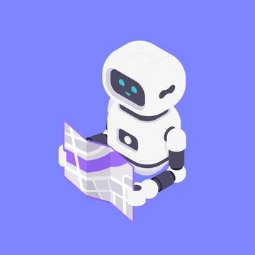Modern Isometric Vector Illustration Of Cute AI Robot Assistant Holding Unf.. Ilustración de archivo