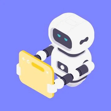 Modern Isometric Vector Illustration Of Cute AI Robot Holding Yellow Browse.. Illustrazione stock