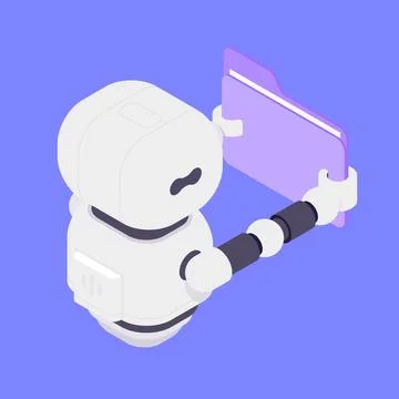 Modern Isometric Vector Illustration Of Cute AI Robot Holding Purple Data F.. Stock Illustration
