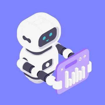 Modern Isometric Vector Illustration Of Cute AI Robot Holding Browser With .. 스톡 일러스트