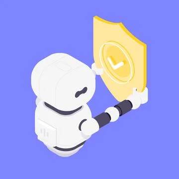 Modern Isometric Vector Illustration Of Cute Robot Holding Yellow Clock Shiel Stock Illustration