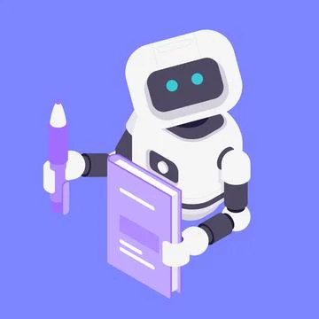 Modern Isometric Vector Illustration Of Cute Robot Holding Purple Book And Pe Stock Illustration