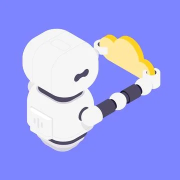 Modern Isometric Vector Illustration Of Cute Robot Holding Cloud Storage Symb Illustrazione stock