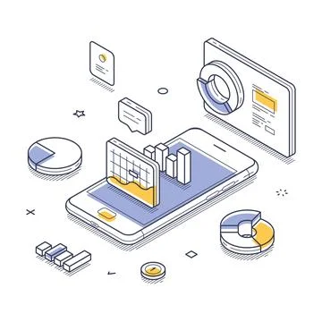 Modern isometric vector illustration of data visualization on a mobile device Illustrazione stock