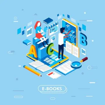 Modern isometric vector illustration of e book lobrary or digital library on Stock Illustration