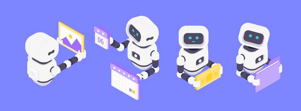 Modern isometric vector illustration featuring four AI chatbots handling imag Stockillustratie