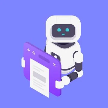Modern Isometric Vector Illustration Of Friendly AI Robot Assistant Holding.. 스톡 일러스트