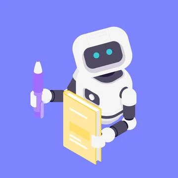 Modern Isometric Vector Illustration Of Friendly AI Robot Assistant Holding.. Stock Illustration