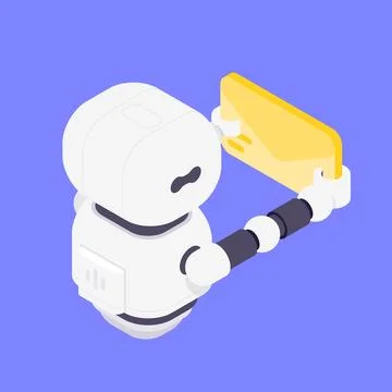 Modern Isometric Vector Illustration Of Friendly AI Robot Assistant Holding.. Stock Illustration