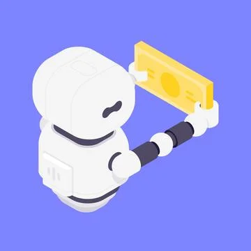 Modern Isometric Vector Illustration Of Friendly AI Robot Holding Yellow Ba.. Stock Illustration
