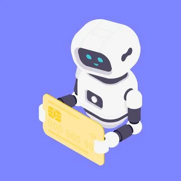 Modern Isometric Vector Illustration Of Friendly AI Robot Holding Yellow Cr.. Stock Illustration