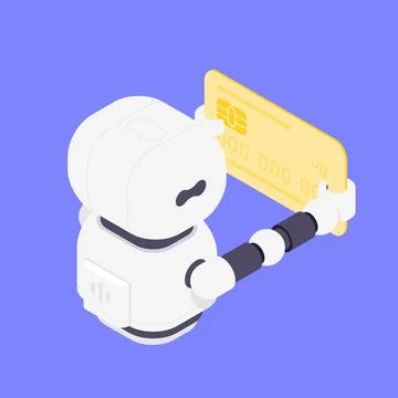 Modern Isometric Vector Illustration Of Friendly AI Robot Assistant Holding.. Stock Illustration