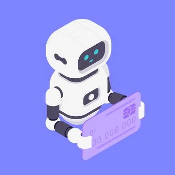Modern Isometric Vector Illustration Of Friendly AI Robot Holding Purple Cr.. Illustrazione stock