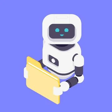 Modern Isometric Vector Illustration Of Friendly AI Robot Holding Yellow Do.. Stock Illustration