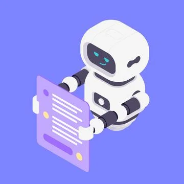 Modern Isometric Vector Illustration Of Friendly AI Robot Holding Purple Ch.. Stock Illustration