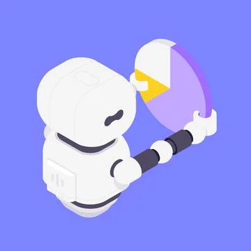Modern Isometric Vector Illustration Of Friendly Robot Assistant Holding Ci.. Stock Illustration