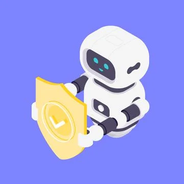 Modern Isometric Vector Illustration Of Friendly AI Robot Holding Yellow Se.. Stock Illustration