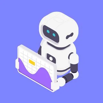 Modern Isometric Vector Illustration Of Friendly AI Robot Holding Data Char.. Stock Illustration