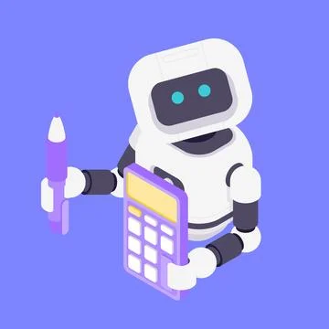 Modern Isometric Vector Illustration Of Friendly AI Robot Holding Calculato.. Stock Illustration