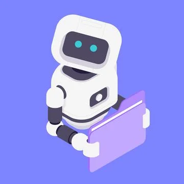 Modern Isometric Vector Illustration Of Friendly AI Robot Holding Purple Fo.. Stock Illustration
